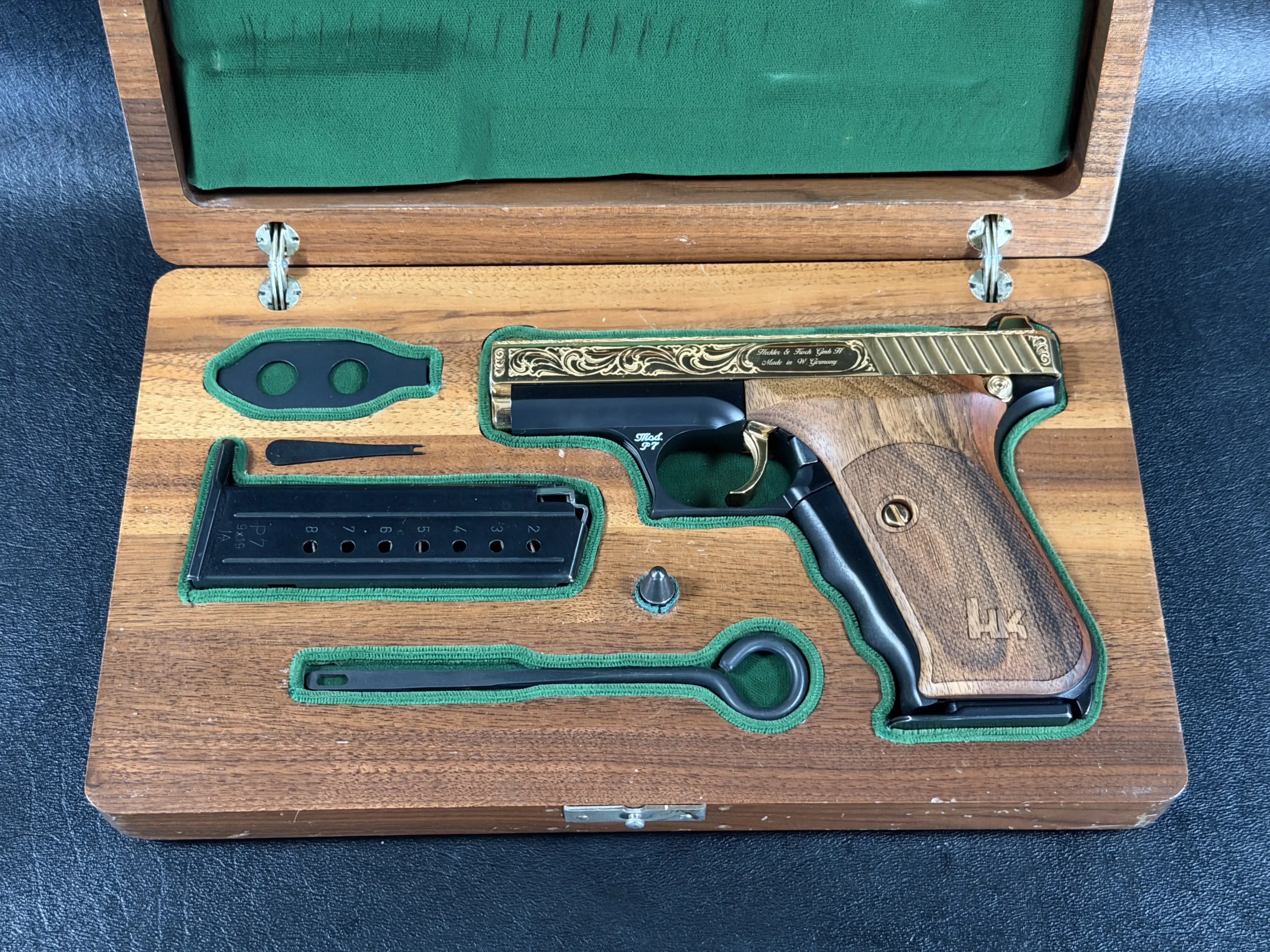 HK P7 Engraved Gold Slide 9mm