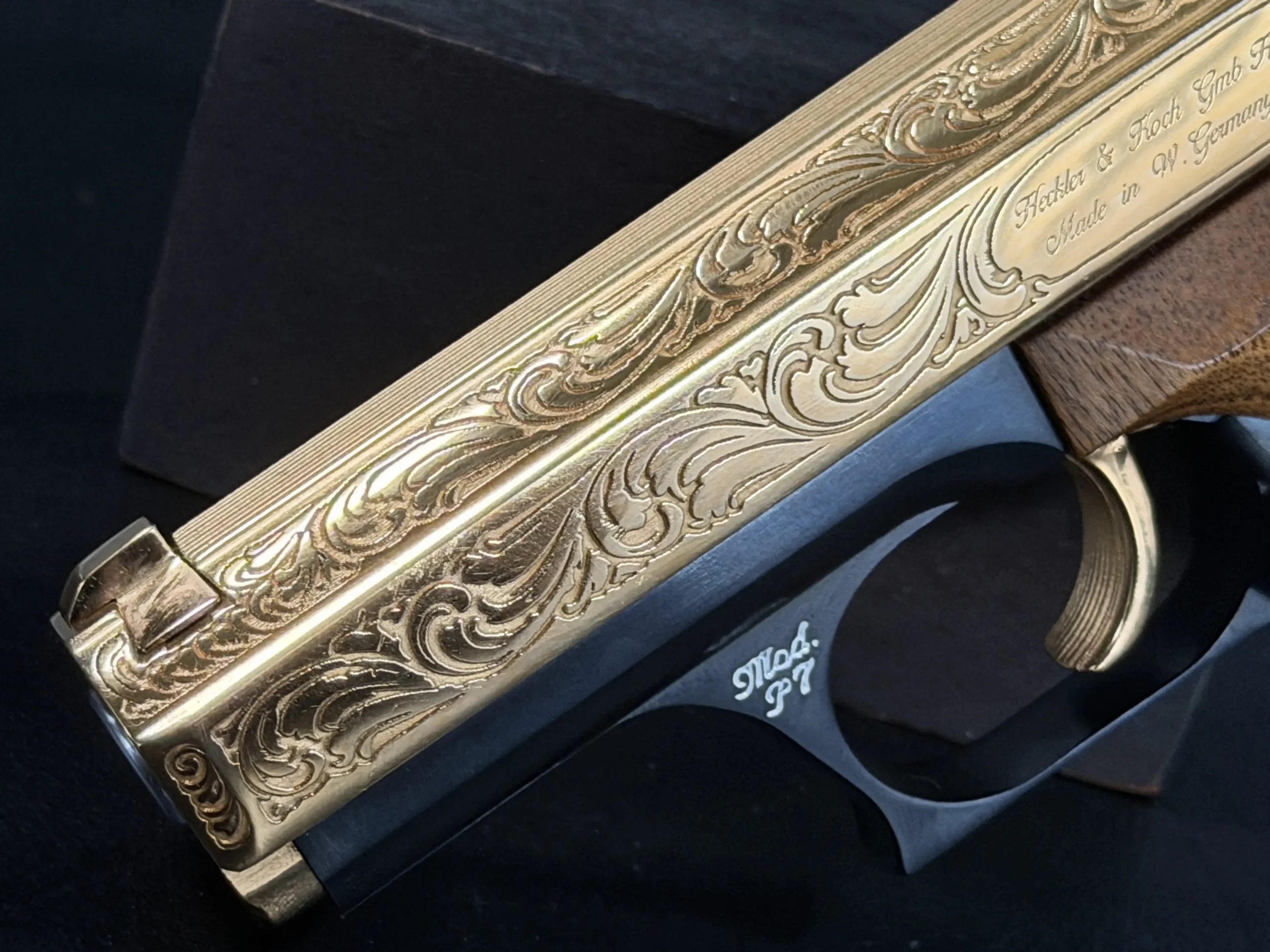 HK P7 Gold Engraved Slide Close Up