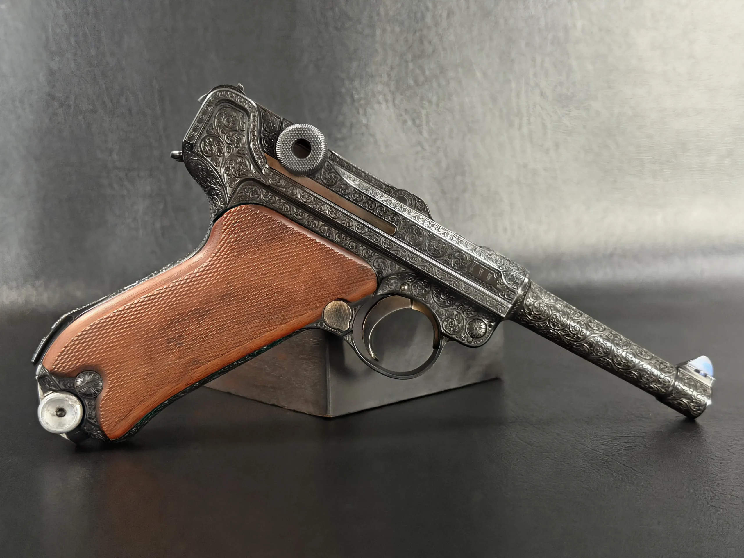 Luger P08 decorative engraving close up