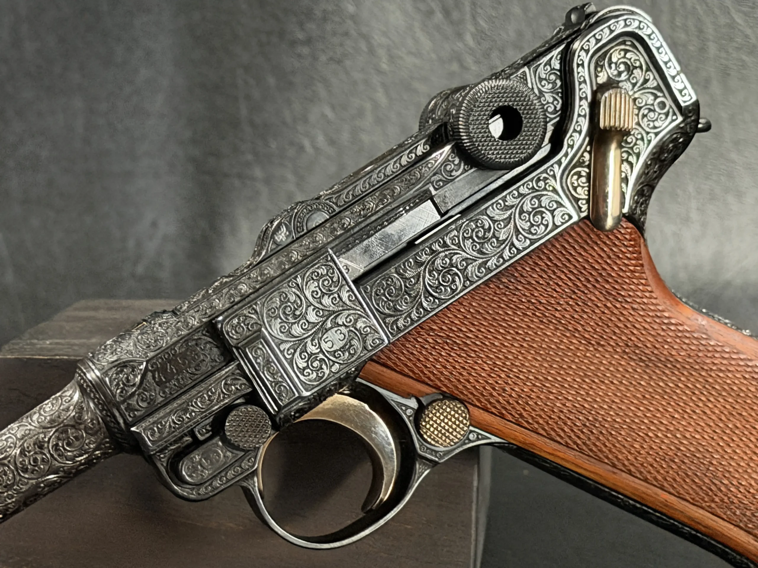 Luger P08 detailed barrel engraving