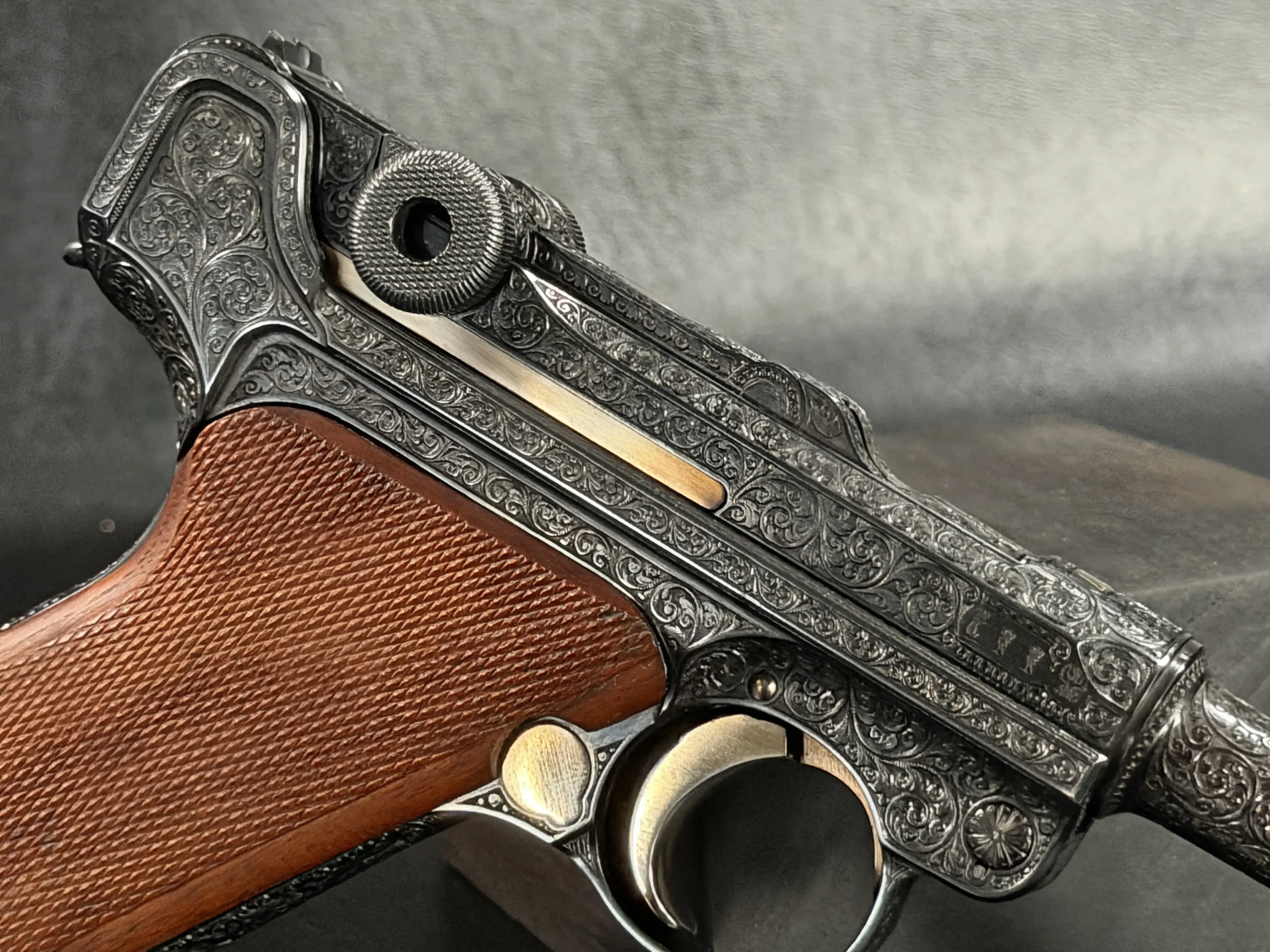 Luger P08 engraved barrel close view