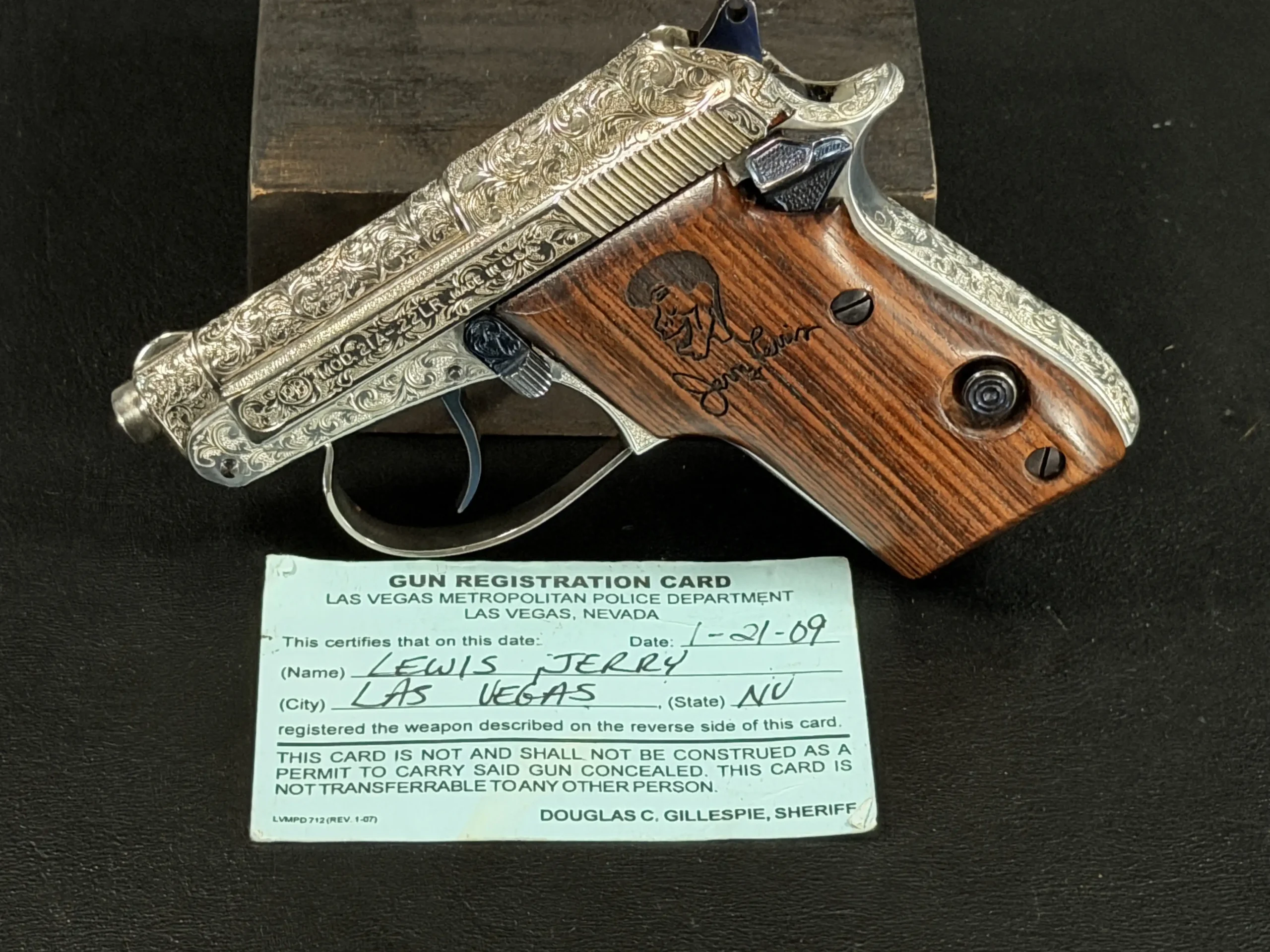 Jerry Lewis Beretta 21A engraved pistol