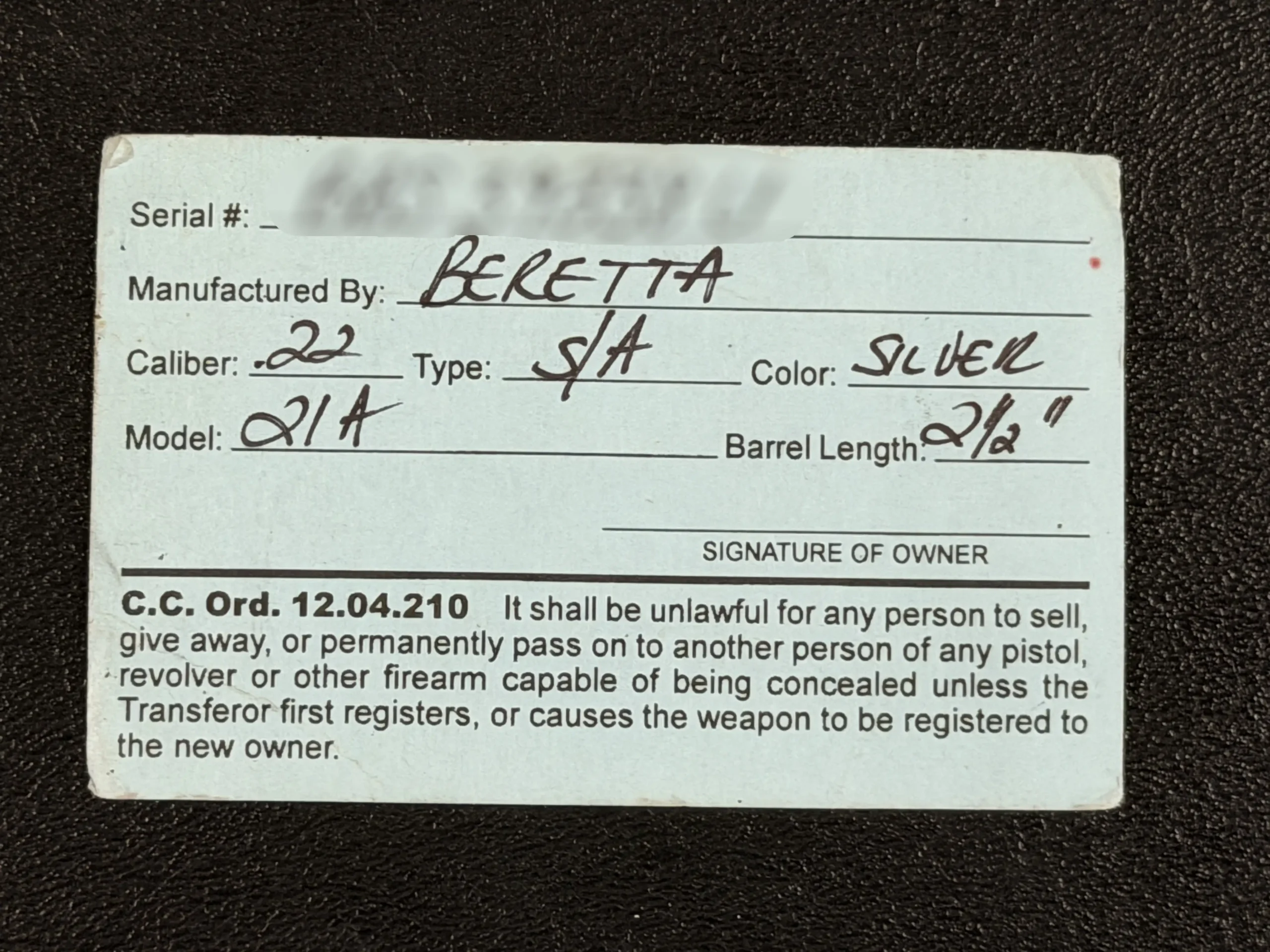 Jerry Lewis documented Beretta 21A