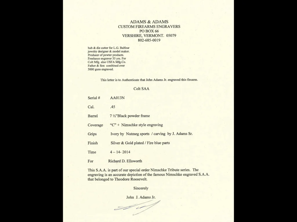 Roosevelt Tribute Colt SAA Documents SN AA013N