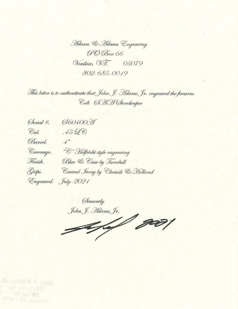 Signed Engraved Colt 3rd Gen Storekeeper SAAs Documents