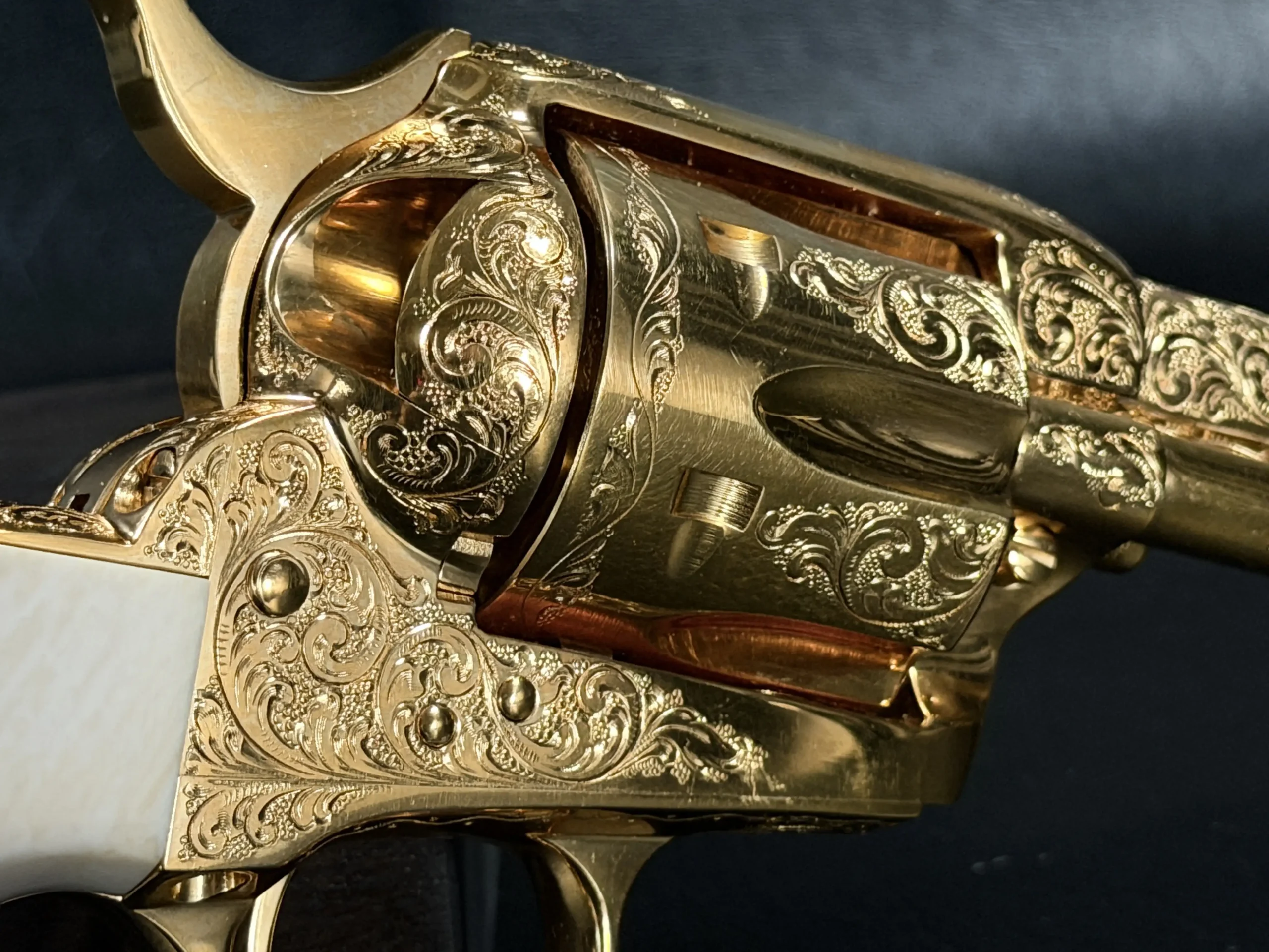 Colt SAA Factory Engraved Frame Gold Finish Close Up