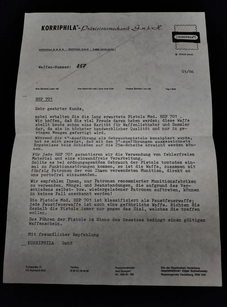 Korriphila HSP701 DA Documents Serial - 857