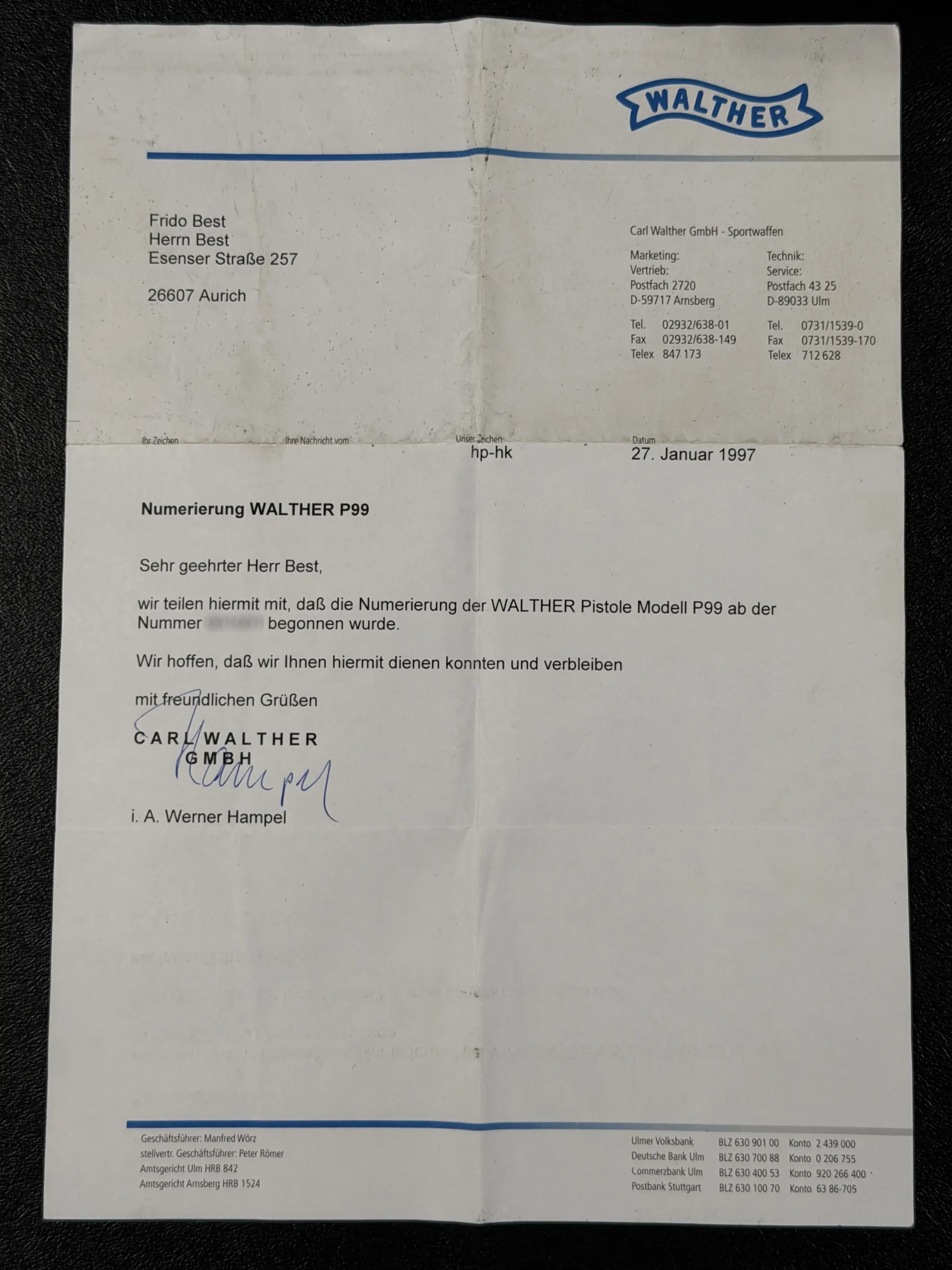 Walther P99 collector grade early pistol