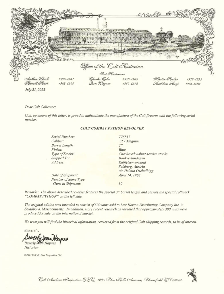 Colt Combat Python Mode DA Revolver Document SN-T75817