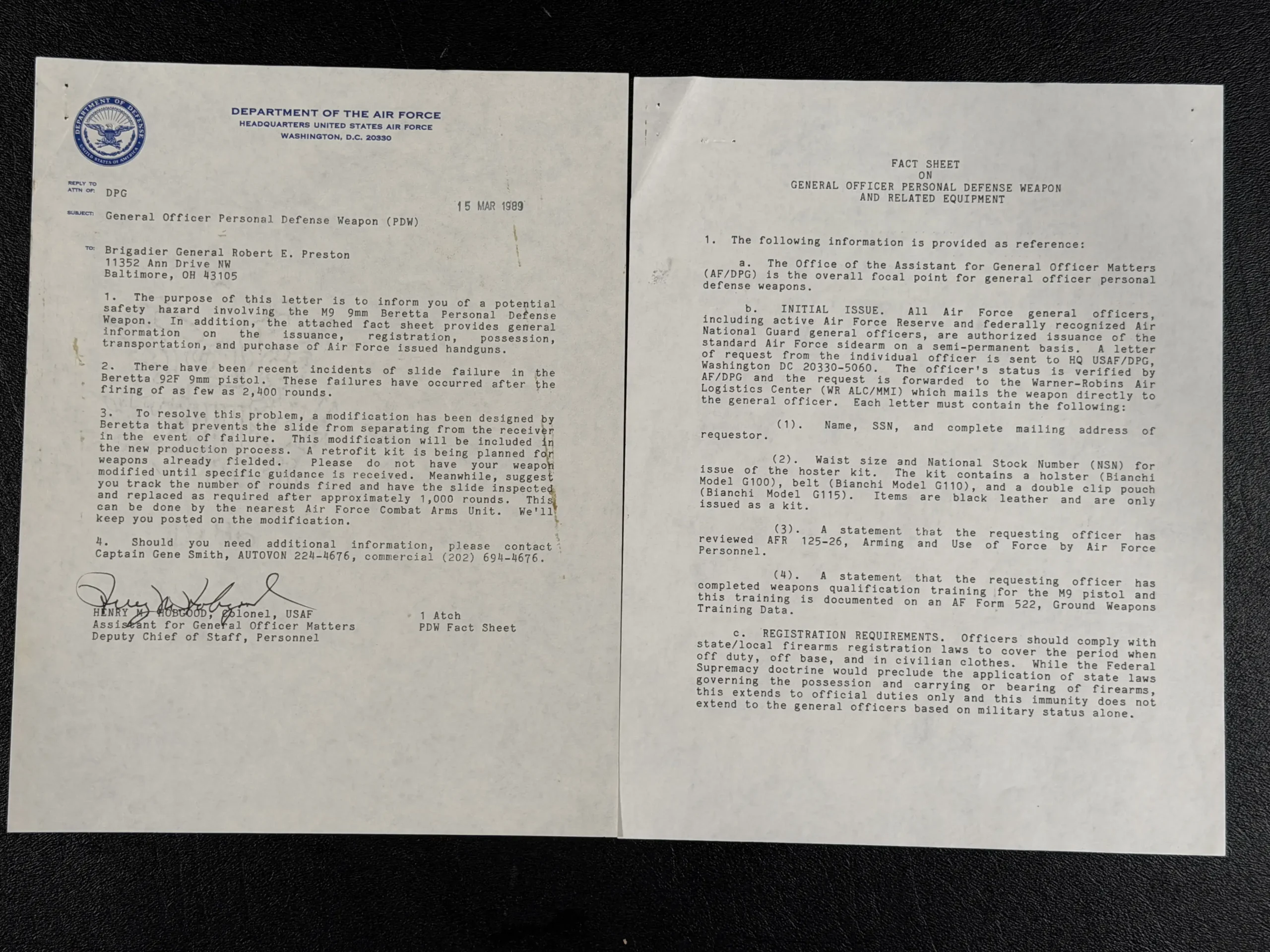 Beretta M9 P US Air Force General Officer Sidearm