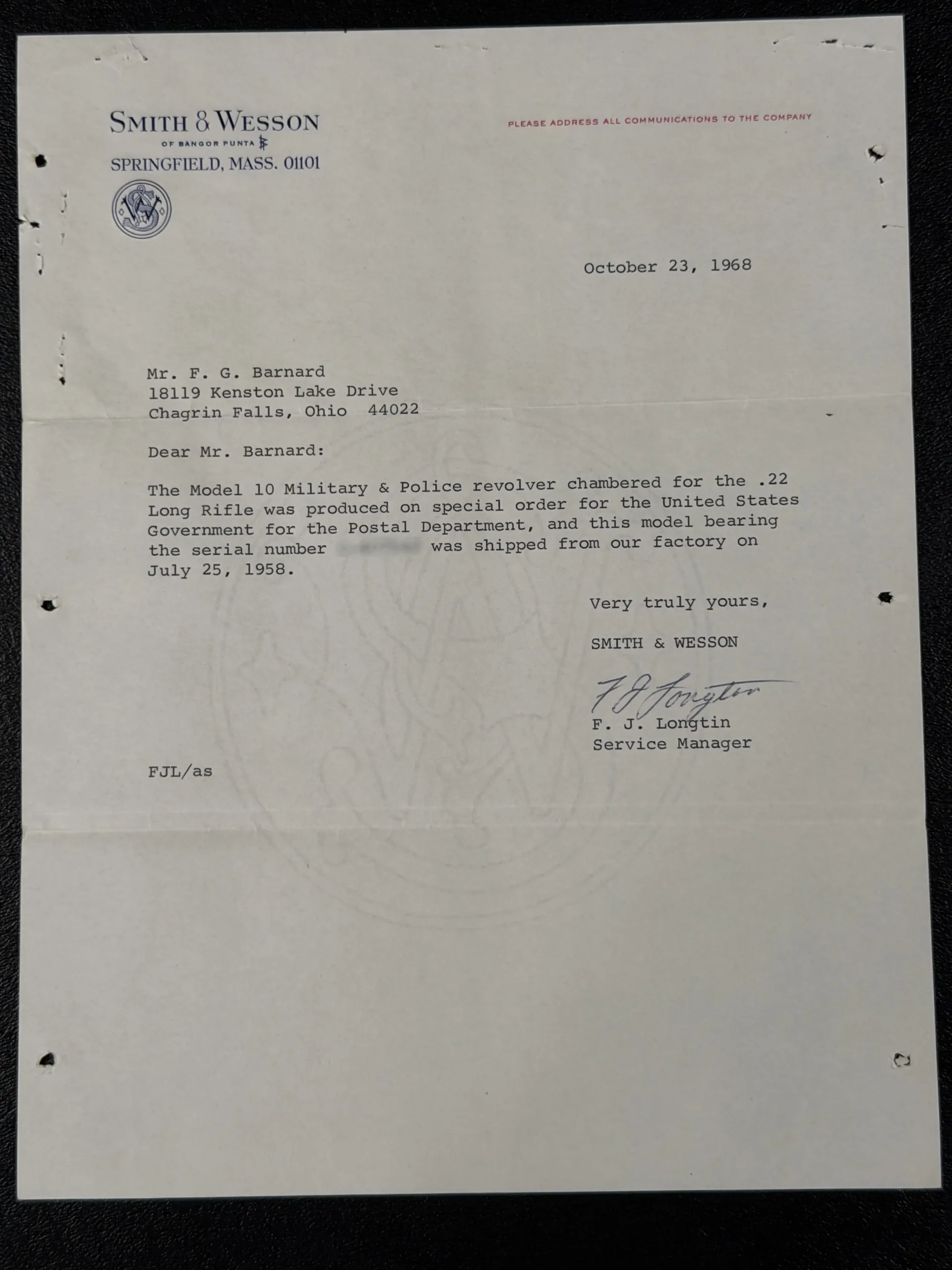 Smith Wesson 22 M P USPS special order engraved revolver