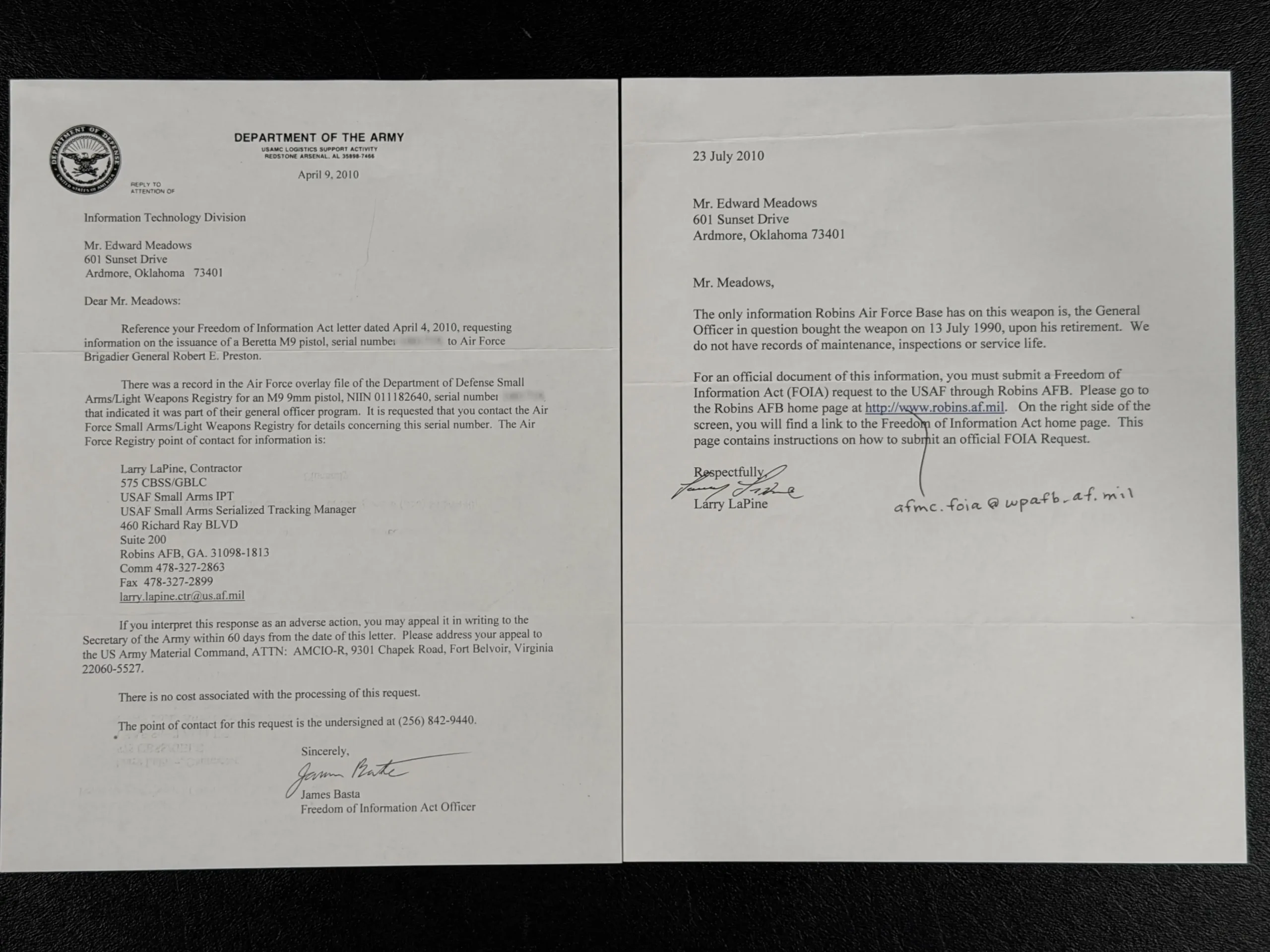 USAF General Officer Beretta M9 P Presentation Pistol