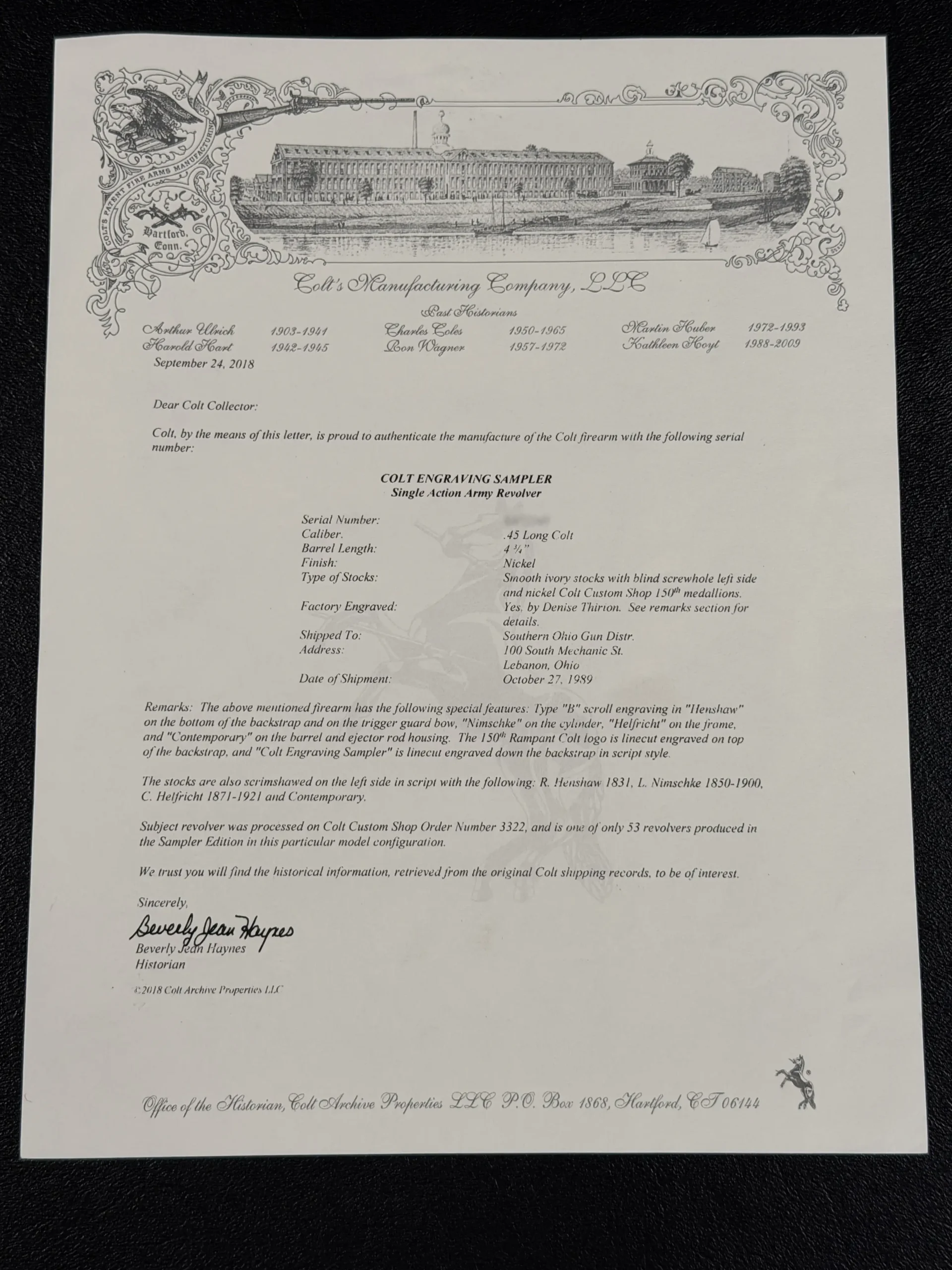 Colt SAA 150th Anniversary Engraving Sampler Letter