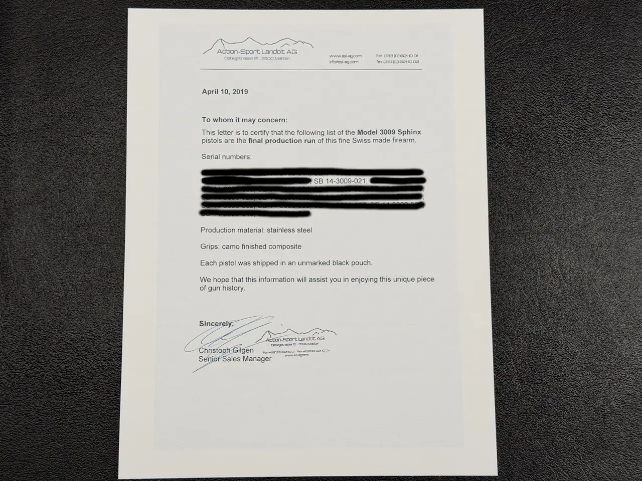 Sphinx Model 3009 final run verification